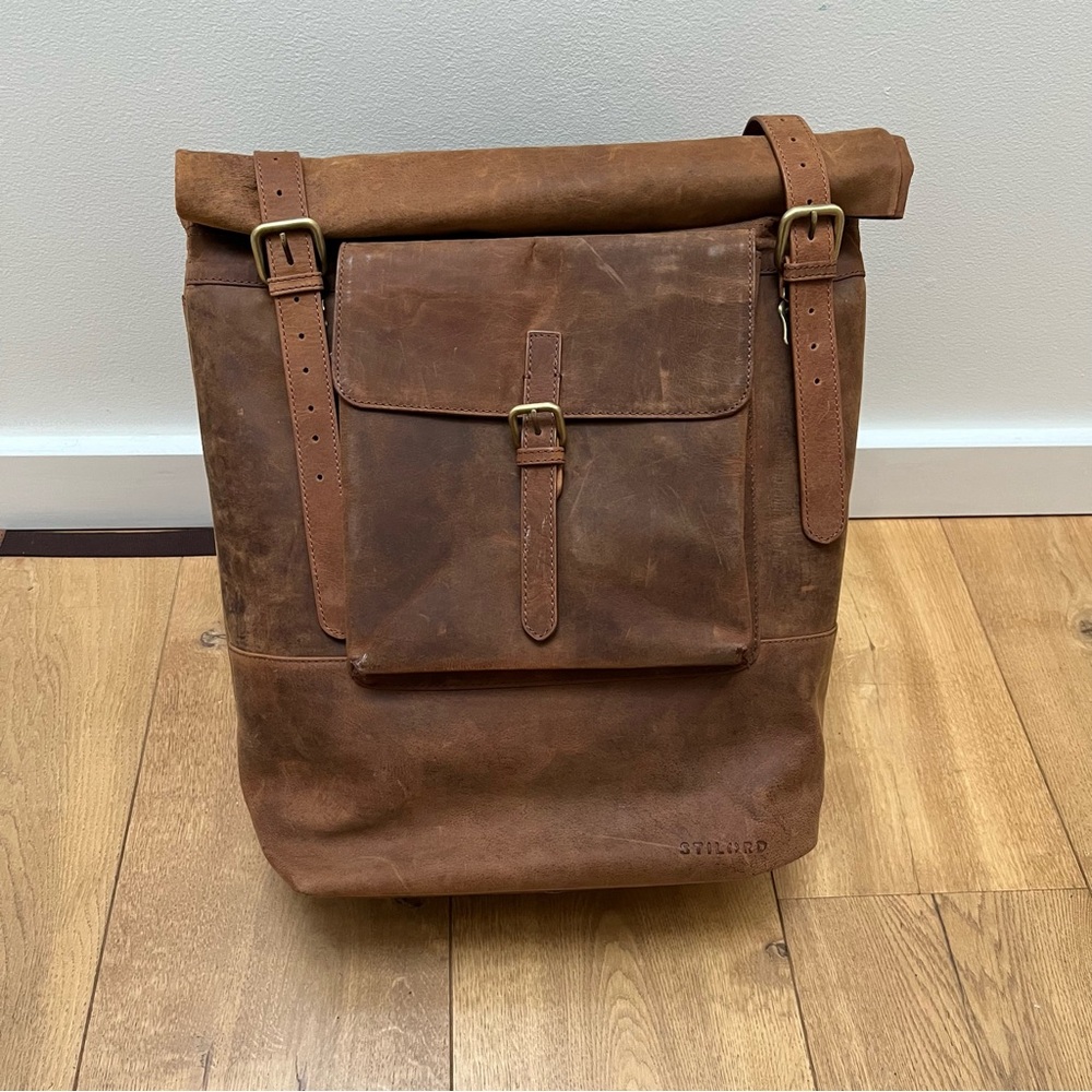 Brown Leather Roll-Top Backpack